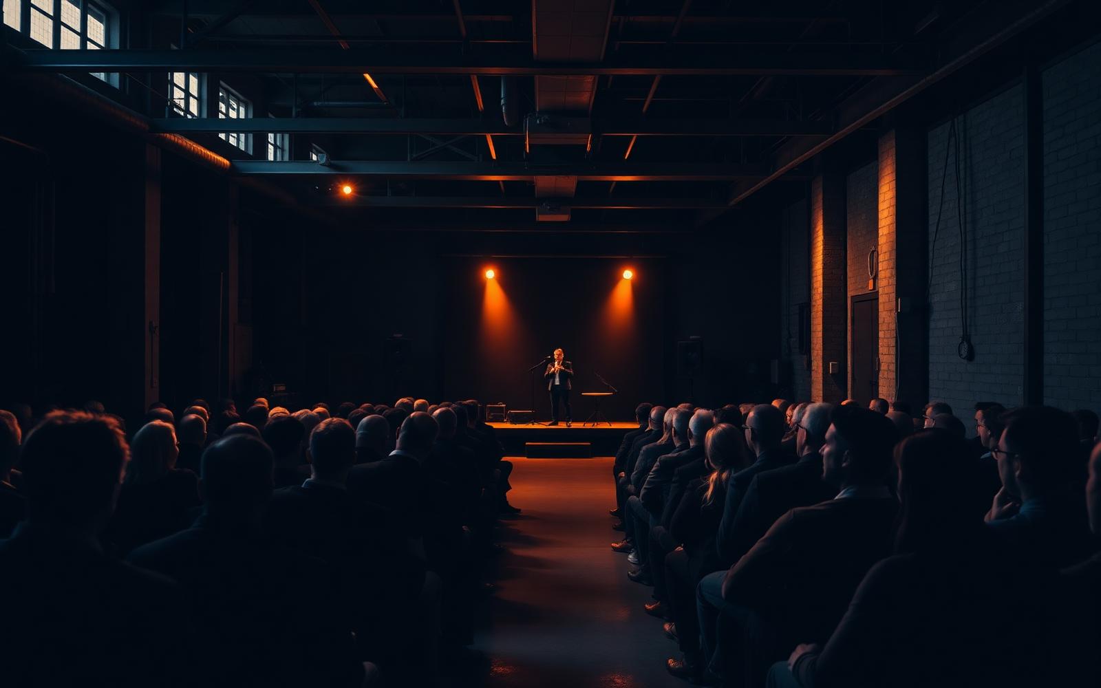 A speaker on a small stage under warm amber spotlights addressing a seated company audience in a dark industrial venue